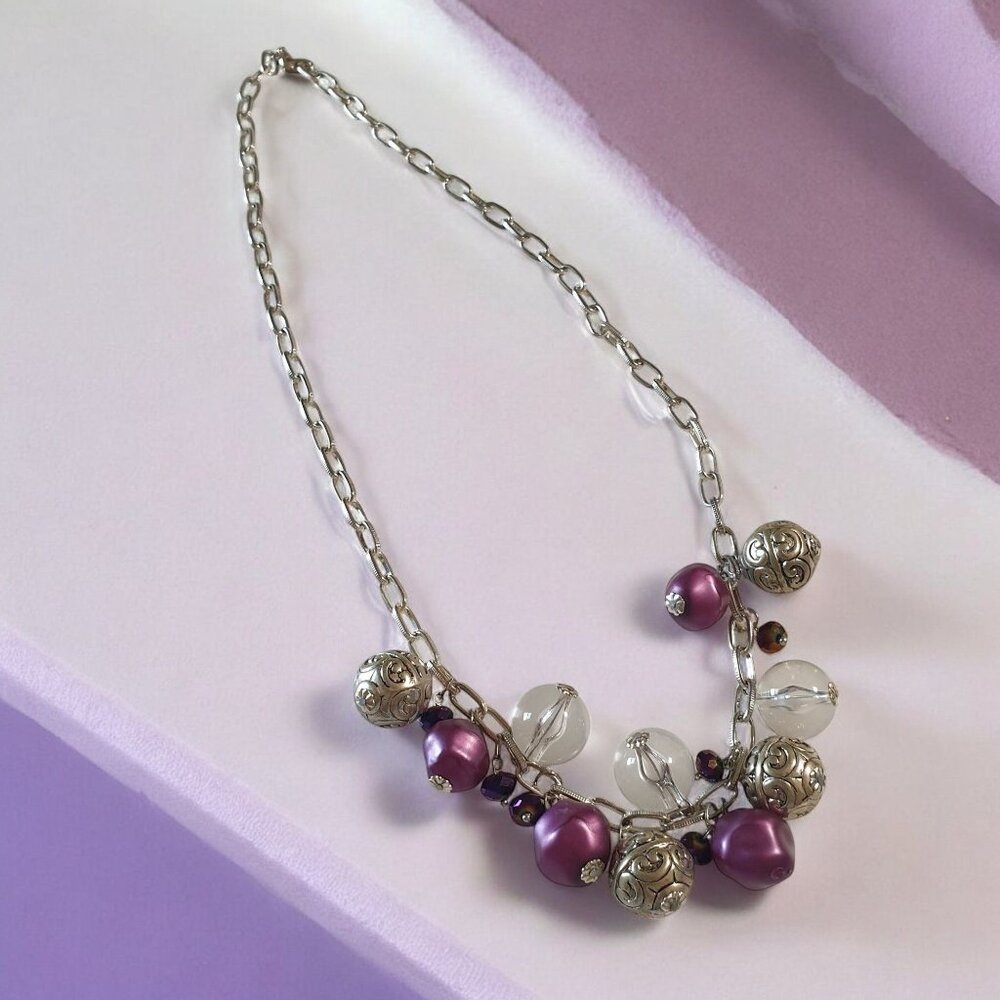 Silver Chain Costume Necklace Purple Clear Beads Decorative Metal Spheres Gift